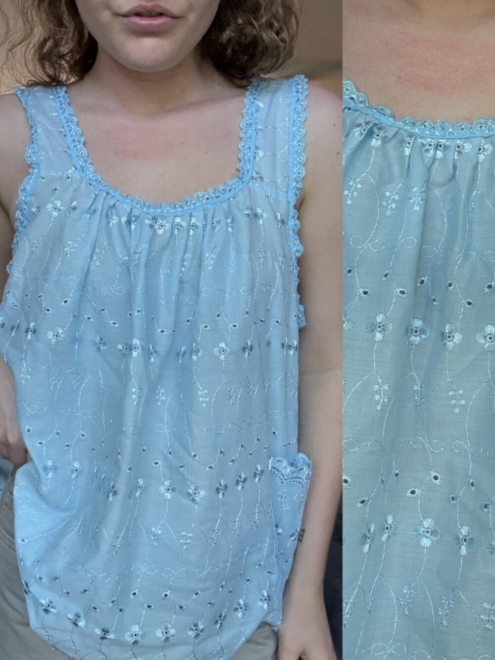 Vintage Light Blue Eyelet Scoop Neck Dainty Tank Top